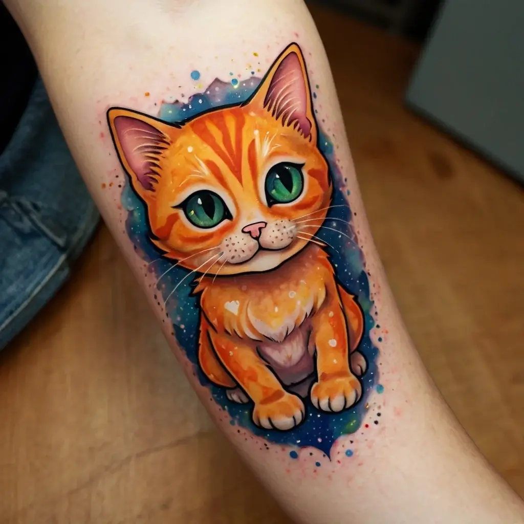 Vibrant tattoo of a cute orange cat with green eyes, surrounded by a galaxy-like splatter of blue and purple hues.