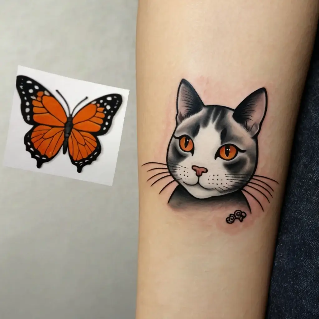 Tattoo of a cat head with orange eyes in vibrant color, next to an orange and black monarch butterfly sticker.