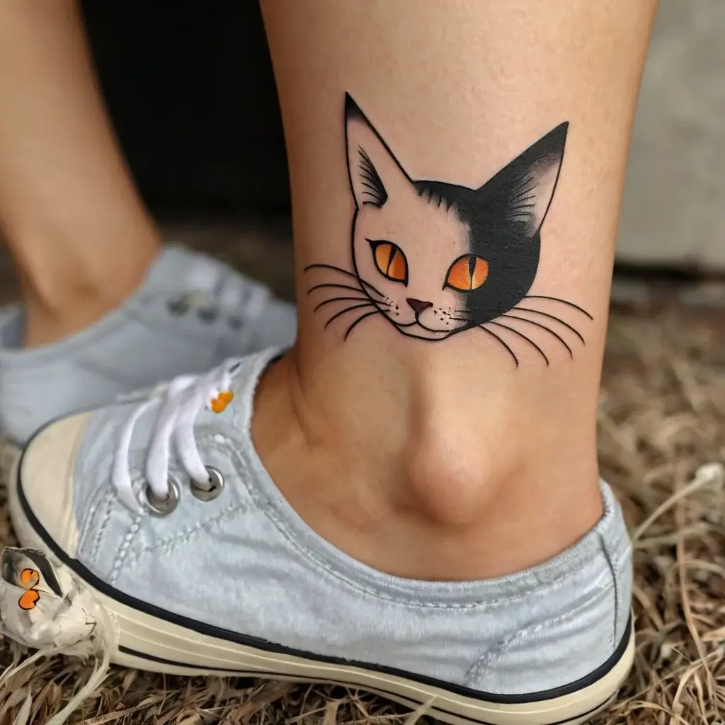 Tattoo of a cat's face with bold black and white contrast and vivid orange eyes on the ankle.