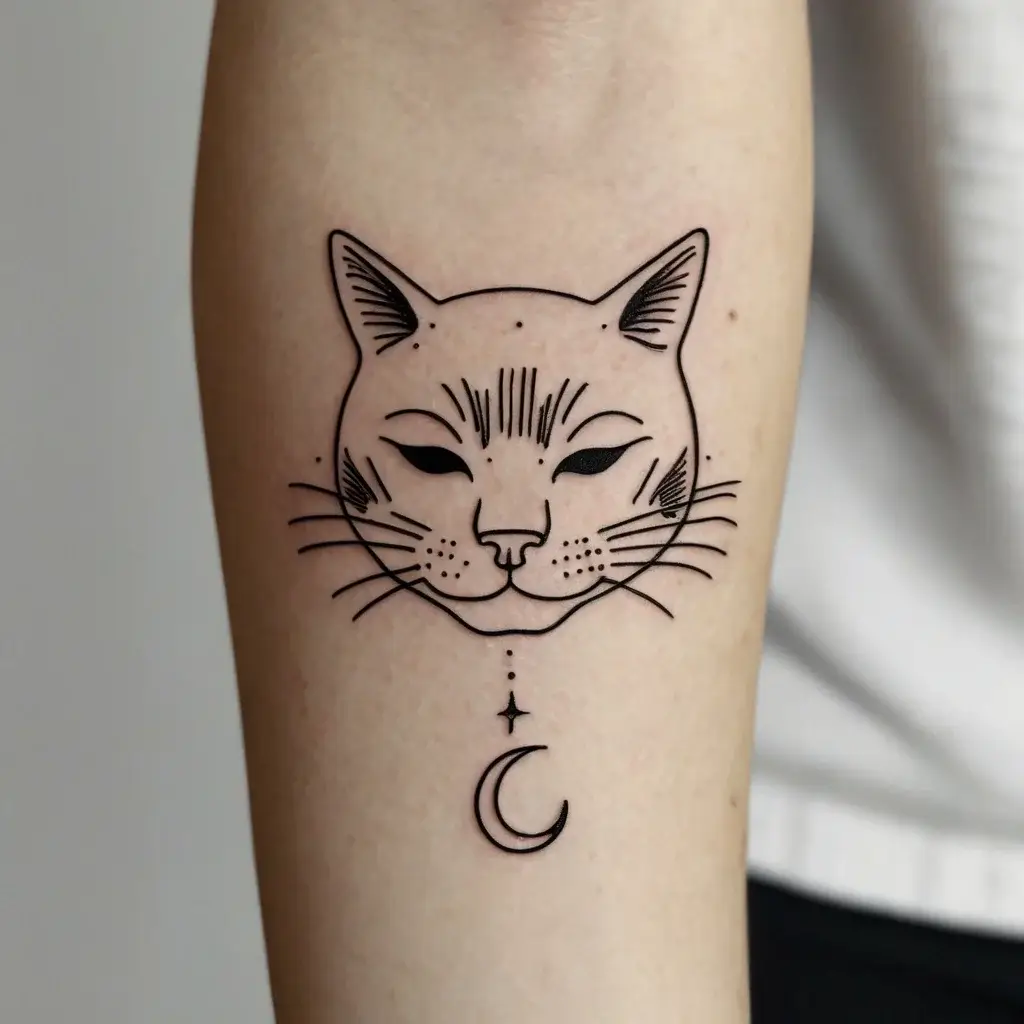 Stylized cat face tattoo with minimalist lines, accented by a star and crescent moon below, evoking mystery and elegance.