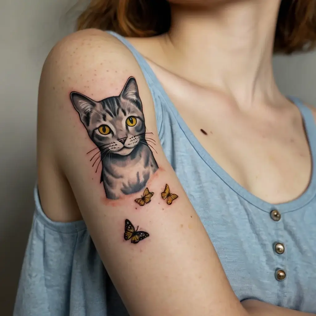 Realistic gray cat with yellow eyes surrounded by three detailed, vibrant butterflies on the upper arm.