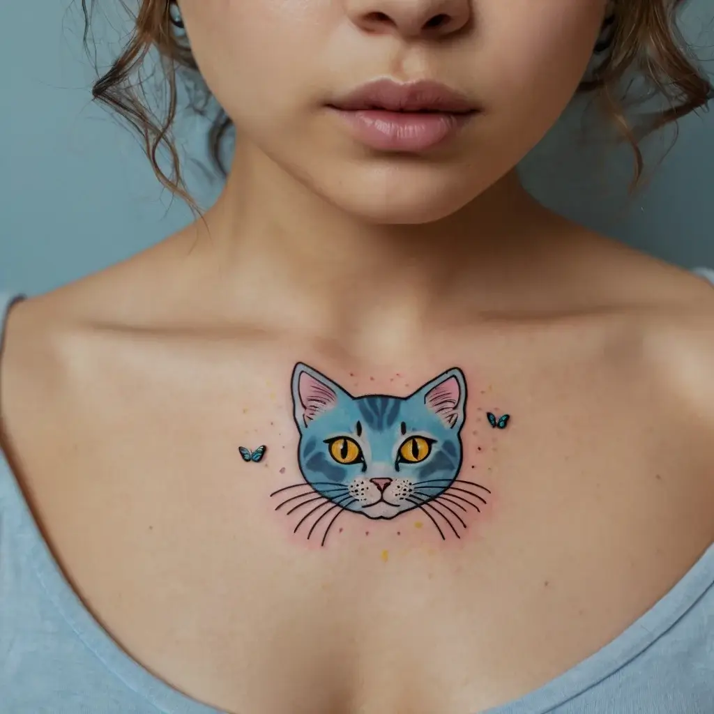 A vibrant tattoo of a blue-gray cat face with bright yellow eyes, surrounded by two small butterflies on the upper chest.