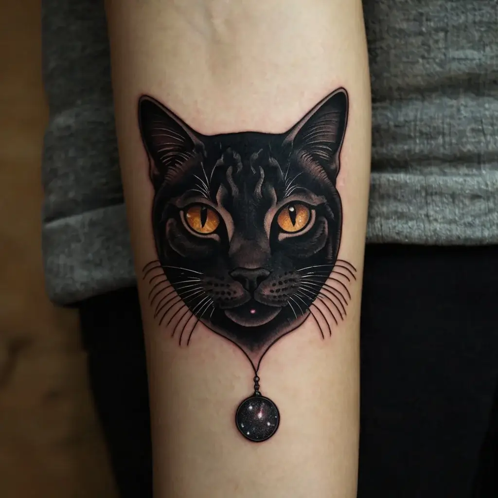 Tattoo of a black cat’s face with vivid orange eyes, adorned with a necklace featuring a cosmic-themed pendant.