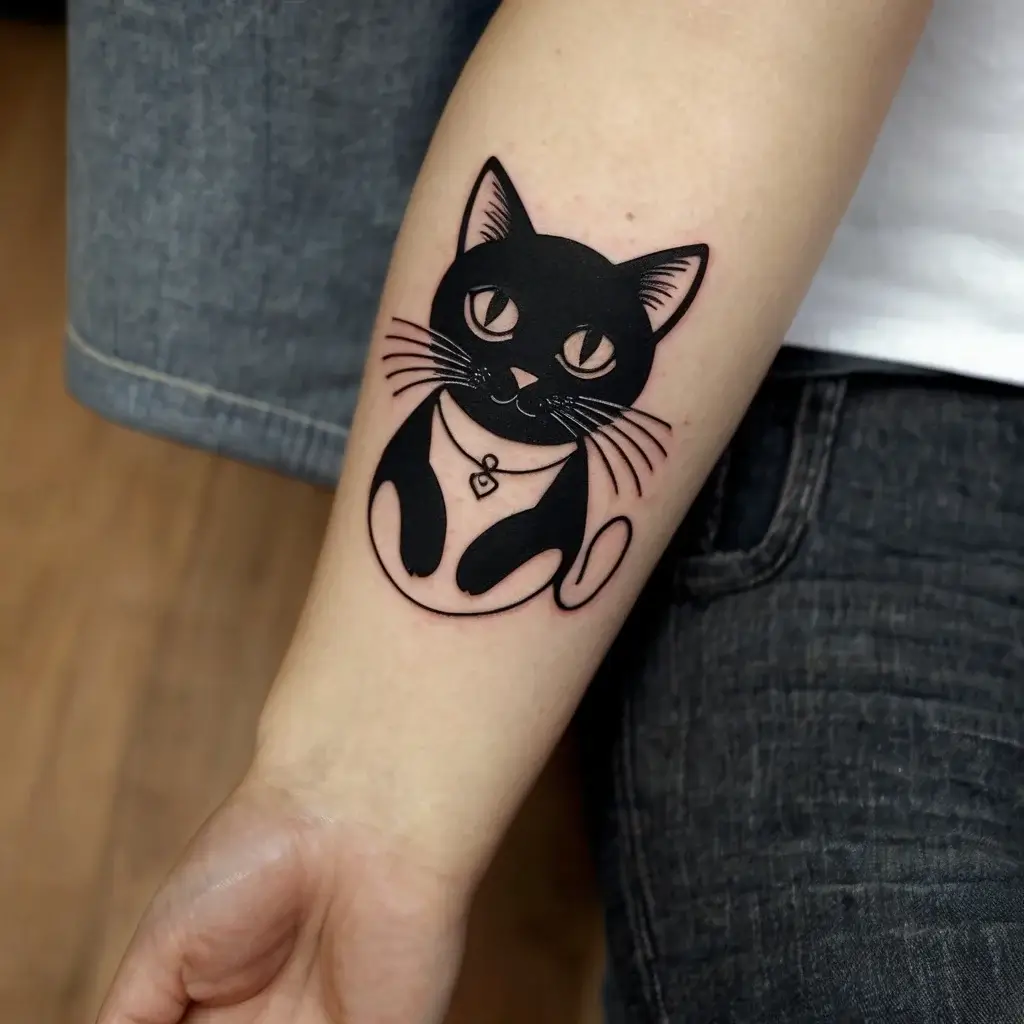 Black cat tattoo on the forearm, with bold lines and stylized features, wearing a heart necklace.