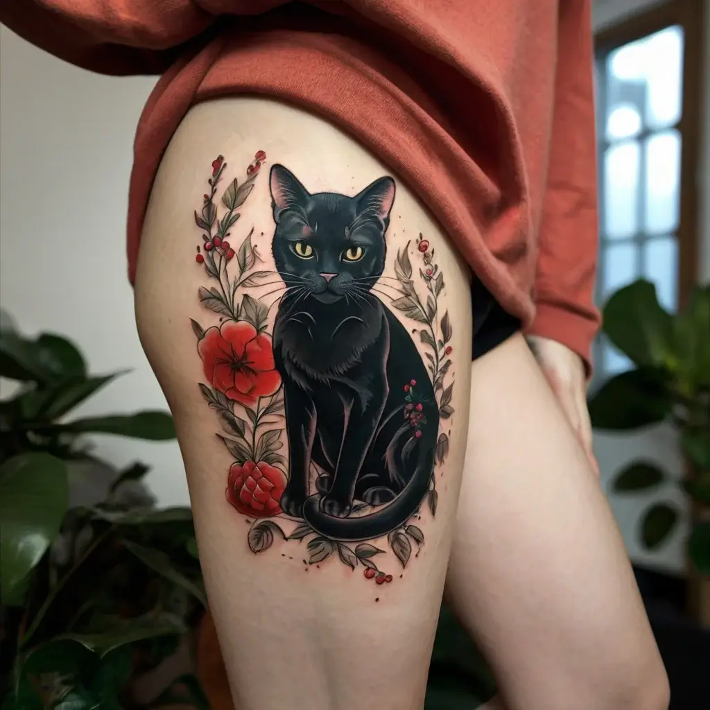 Tattoo of a black cat with piercing eyes surrounded by red flowers and leaves, inked on the thigh.