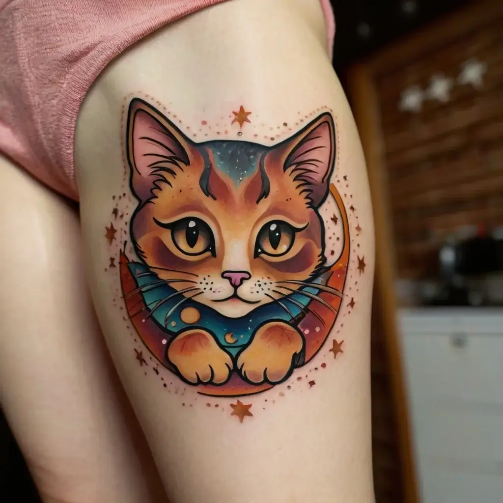 Tattoo of a cat with cosmic elements, featuring stars and a celestial theme, vibrant colors on thigh, playful style.