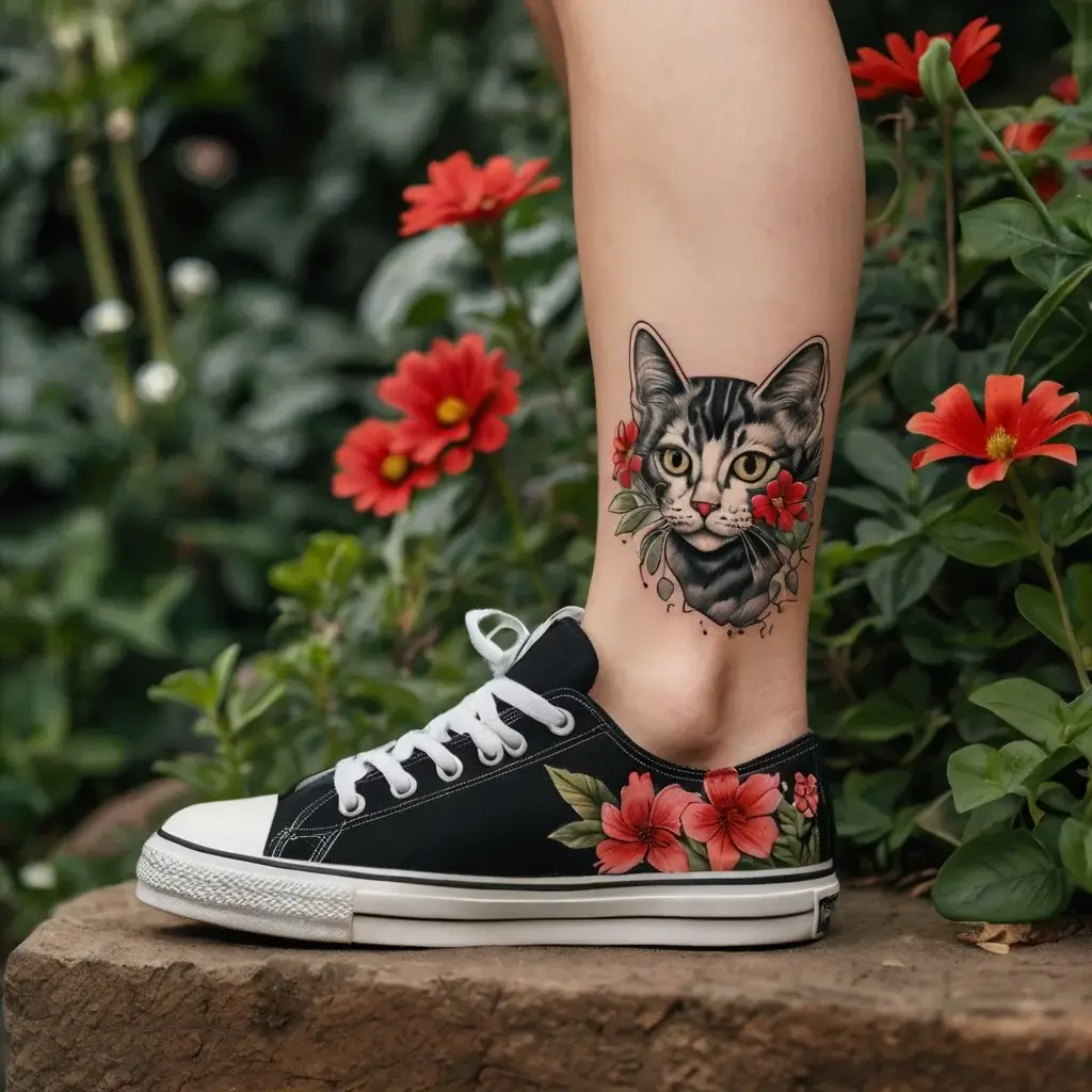 Realistic cat tattoo on leg, surrounded by vibrant red flowers. Matches floral sneakers, creating a cohesive nature theme.