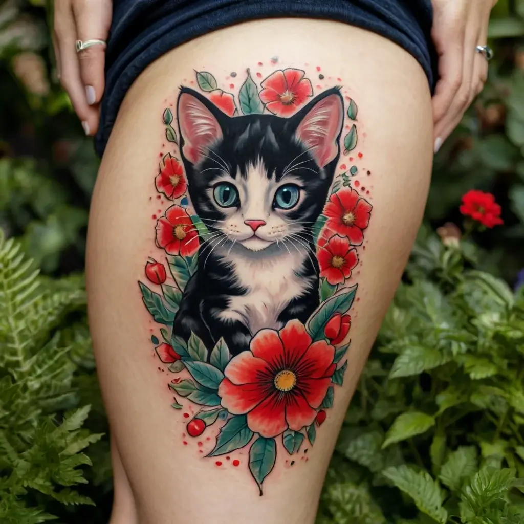 Tattoo of a realistic black and white kitten surrounded by vibrant red flowers and green leaves on the thigh.