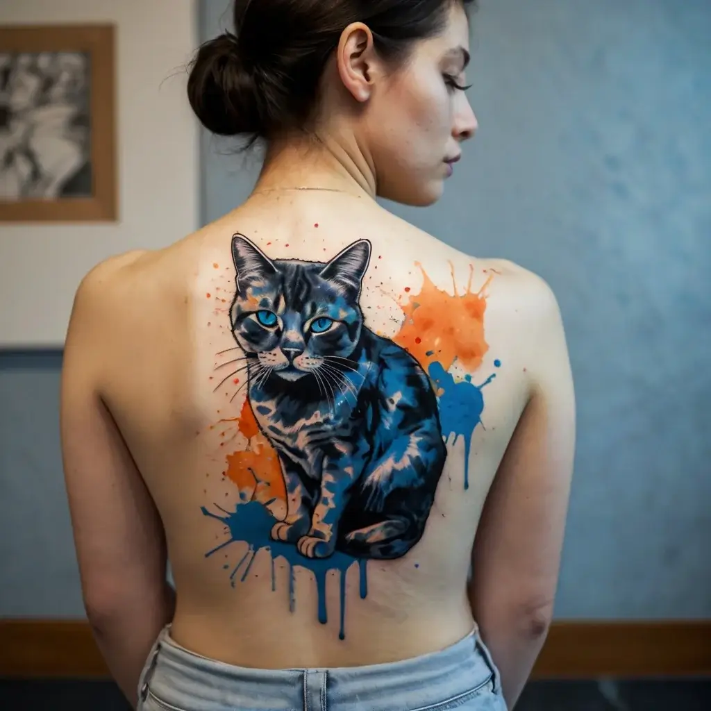 Tattoo of a realistic cat with blue and black fur on a woman's back, highlighted by orange and blue watercolor splashes.