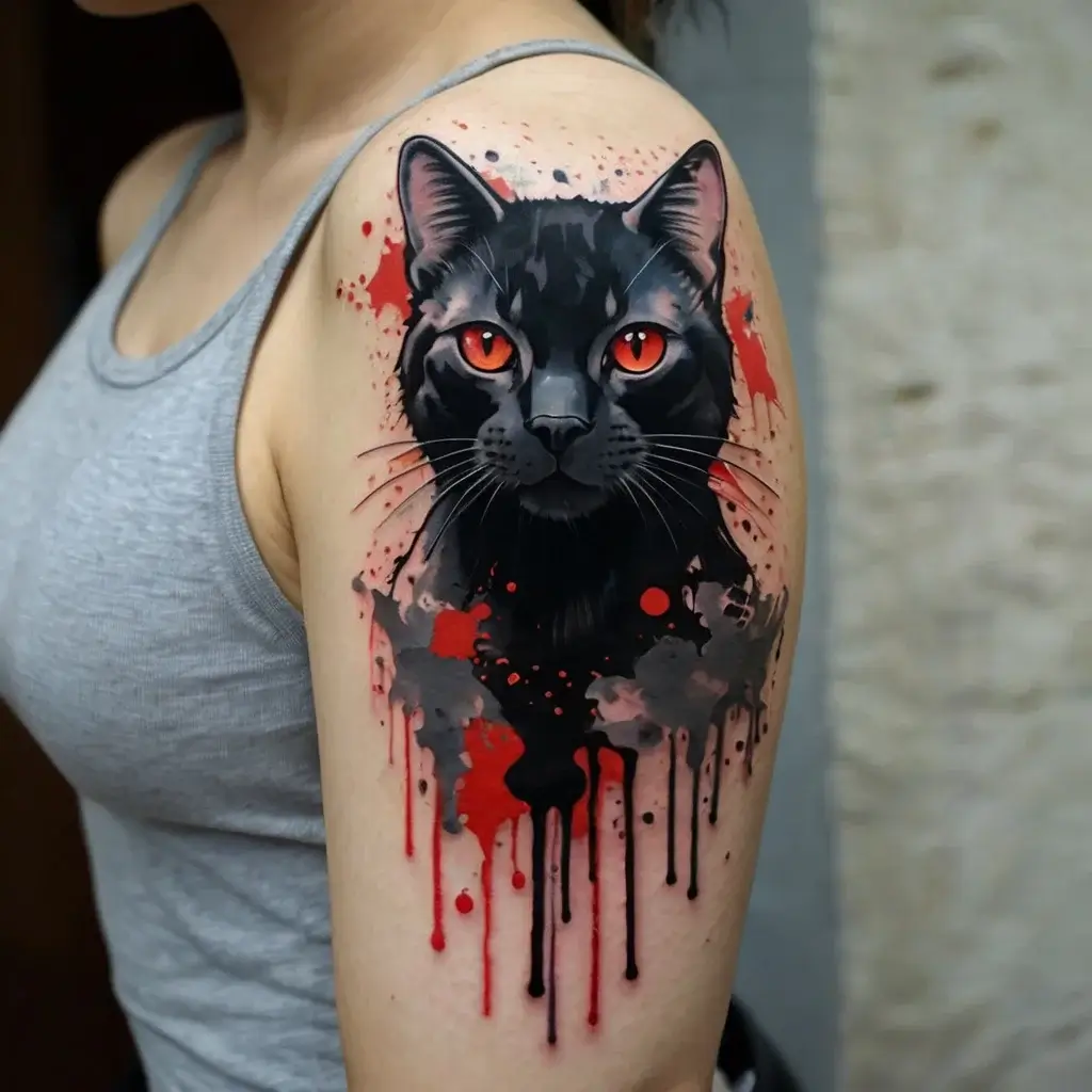 Realistic black cat tattoo with striking red eyes, surrounded by dynamic red and black ink splatter on the shoulder.