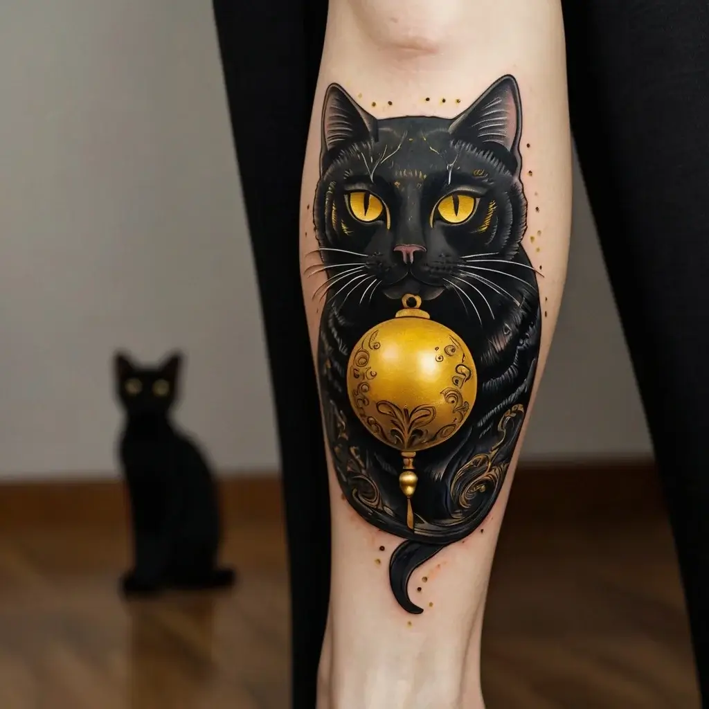 Tattoo of a black cat with intense yellow eyes holding a golden ornament, detailed in a baroque style.