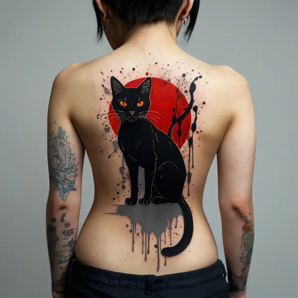 Tattoo features a black cat with glowing eyes against a red sun, surrounded by abstract black and red splatters.