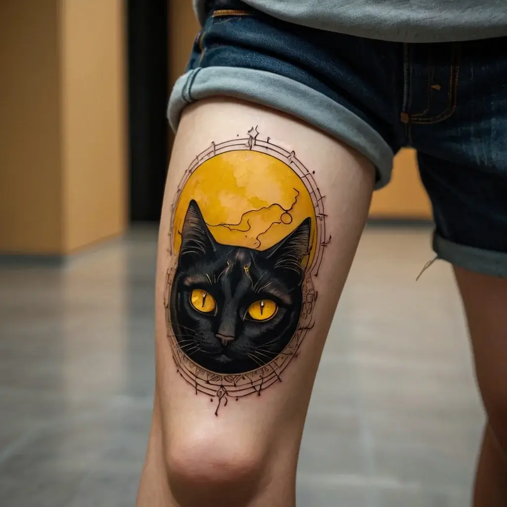 Tattoo of a black cat with striking yellow eyes, set against a full yellow moon background, encircled by delicate lines.