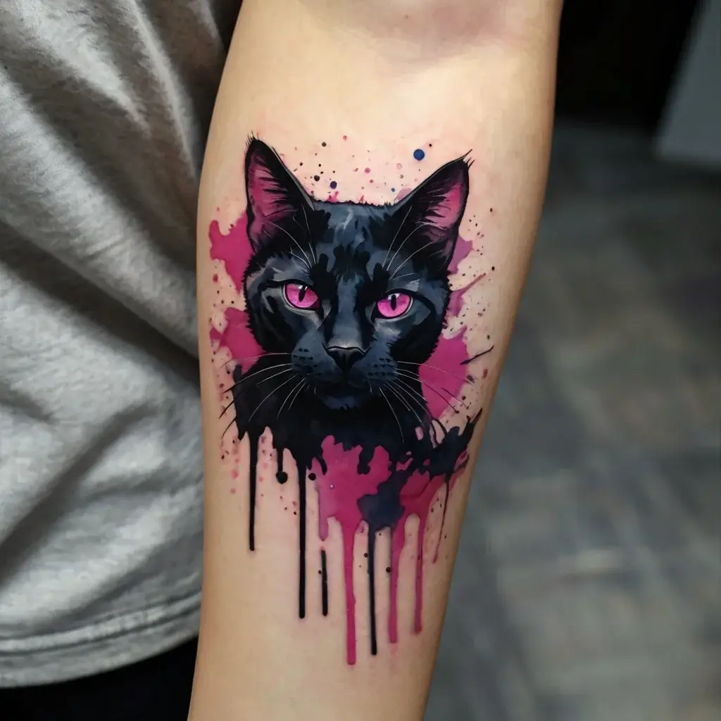 Tattoo of a black cat with striking pink eyes, surrounded by splattered pink and black ink for a dynamic watercolor effect.