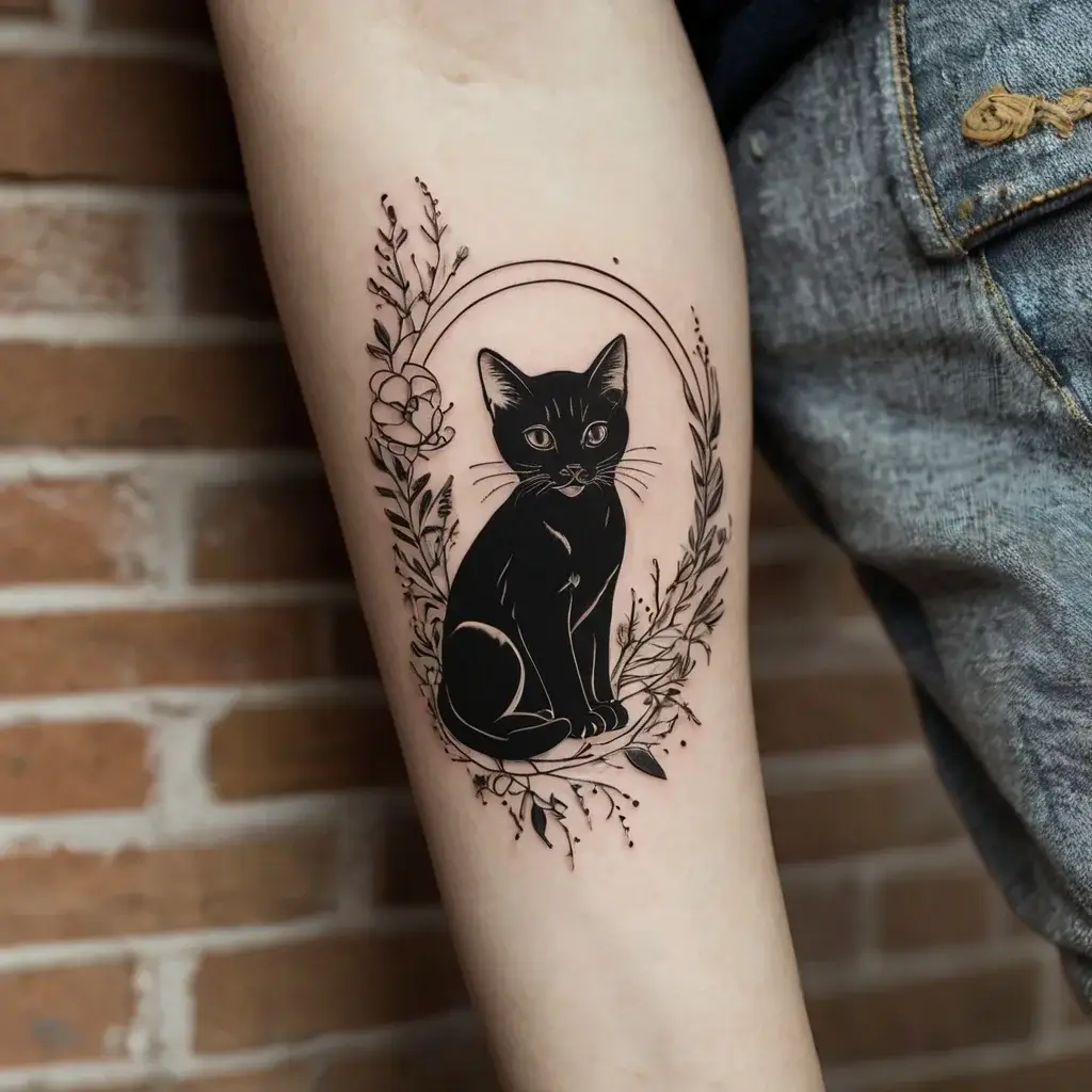 Tattoo of a black cat sitting gracefully, surrounded by delicate floral elements in an oval frame on the forearm.