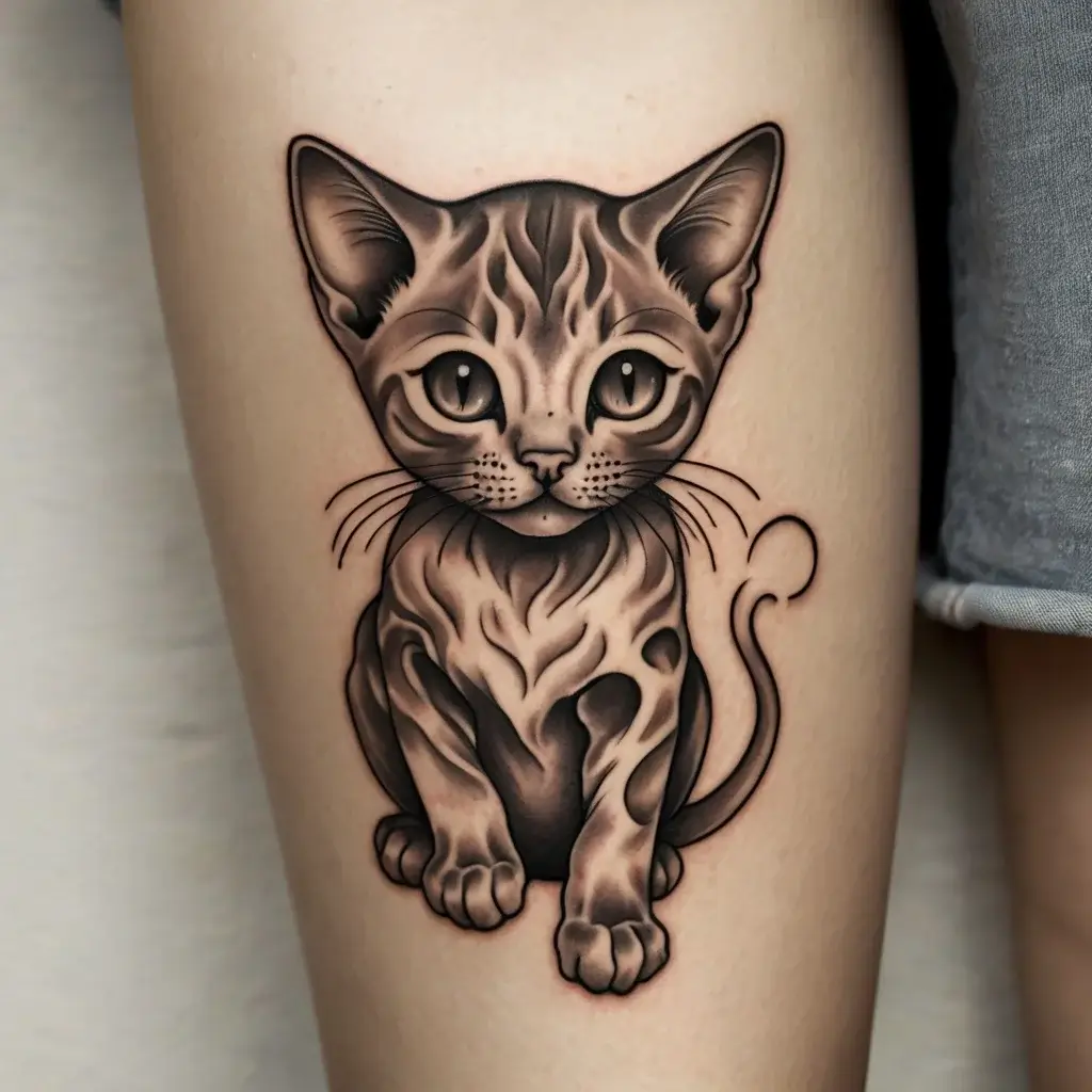 Tattoo of a realistic sitting cat, with intricate shading and bold outlines, on a person's leg.