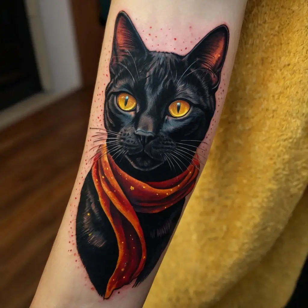 Tattoo of a realistic black cat with bright yellow eyes, wearing a red scarf with orange accents on the forearm.