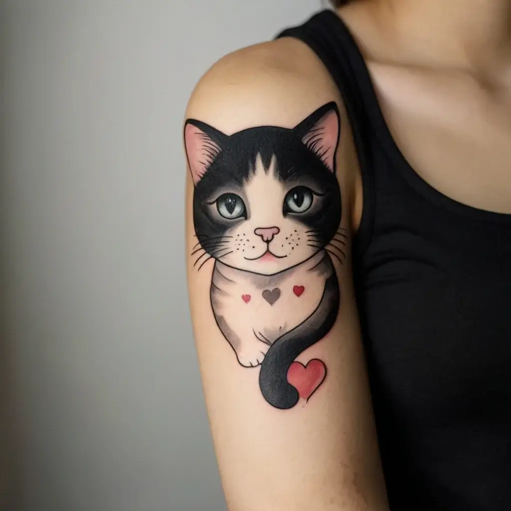 Cute black and white cat tattoo with heart details on the chest and tail, symbolizing love and companionship.