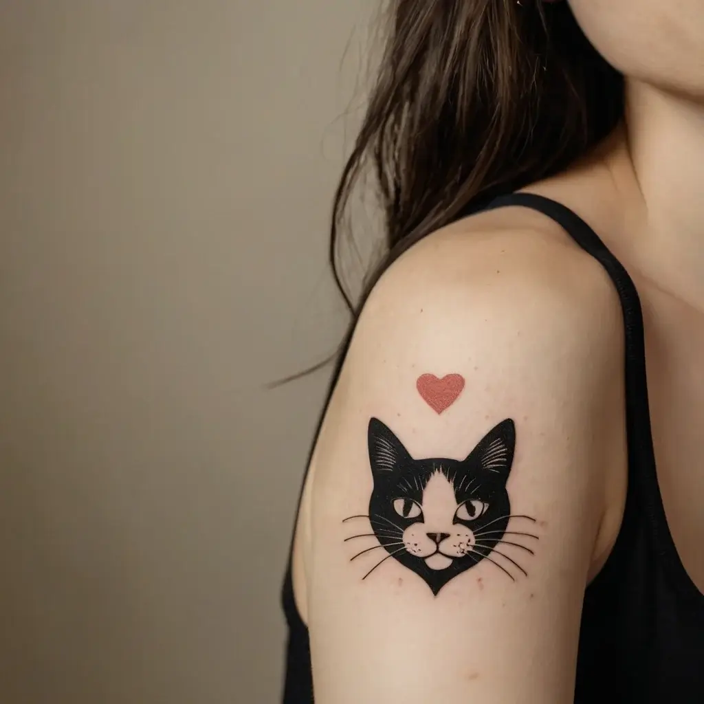 A black and white cat tattoo with a red heart above it, placed on the upper arm, symbolizes love for cats.