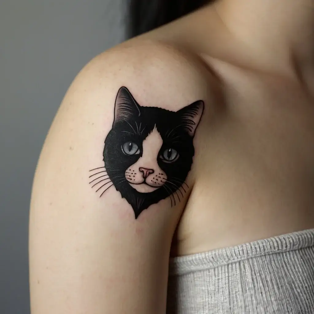 Tattoo of a realistic black and white cat head, detailed with pink nose and gray eyes, on the shoulder.