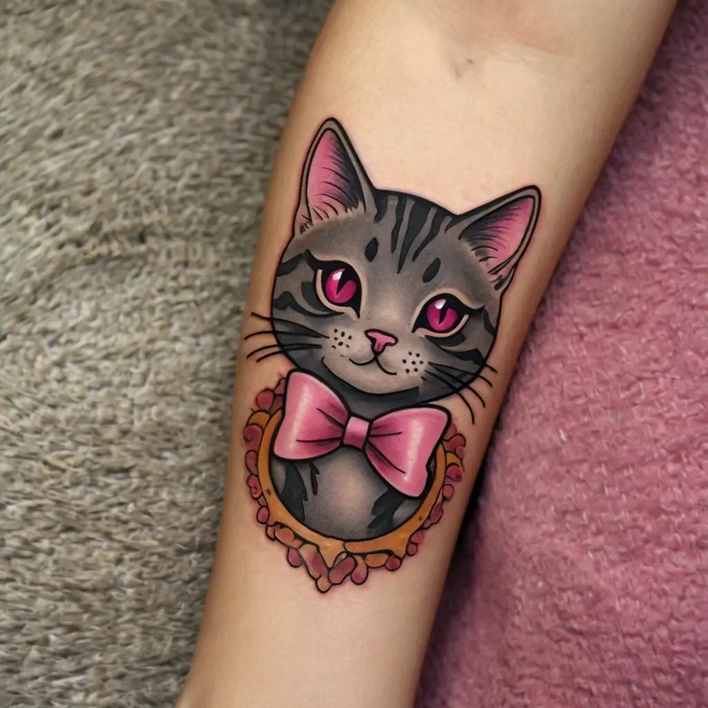 Tattoo of a gray cat with pink eyes and bow tie, surrounded by a decorative frame on an arm, in neo-traditional style.