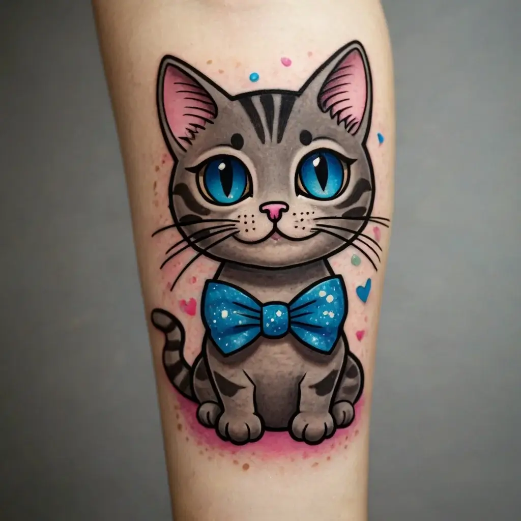 Cute cartoon cat tattoo with big blue eyes, wearing a blue bow tie. Surrounded by colorful hearts and dots.