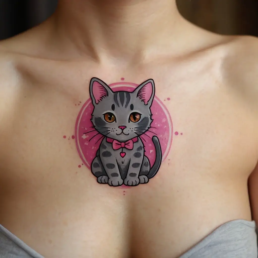 Tattoo of a cute grey cat with a pink bow tie and heart, set against a pink circle backdrop on the chest.