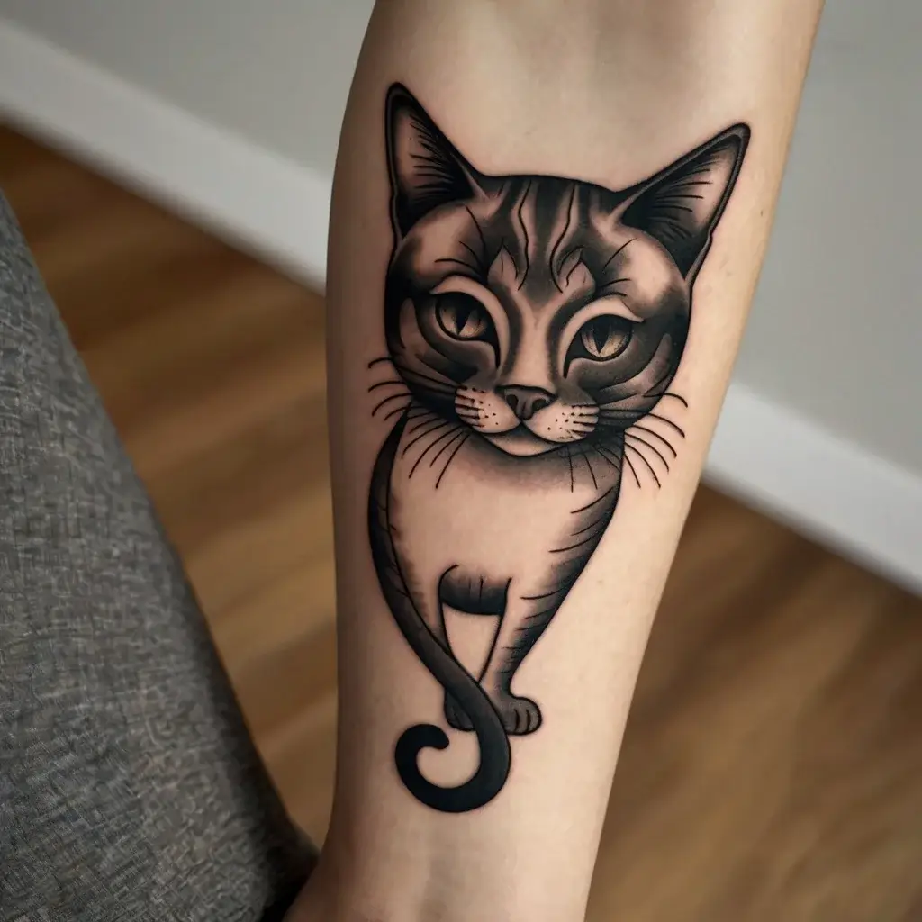 Stylized blackwork cat tattoo with bold lines and shading, featuring large eyes and a curled tail for a playful look.