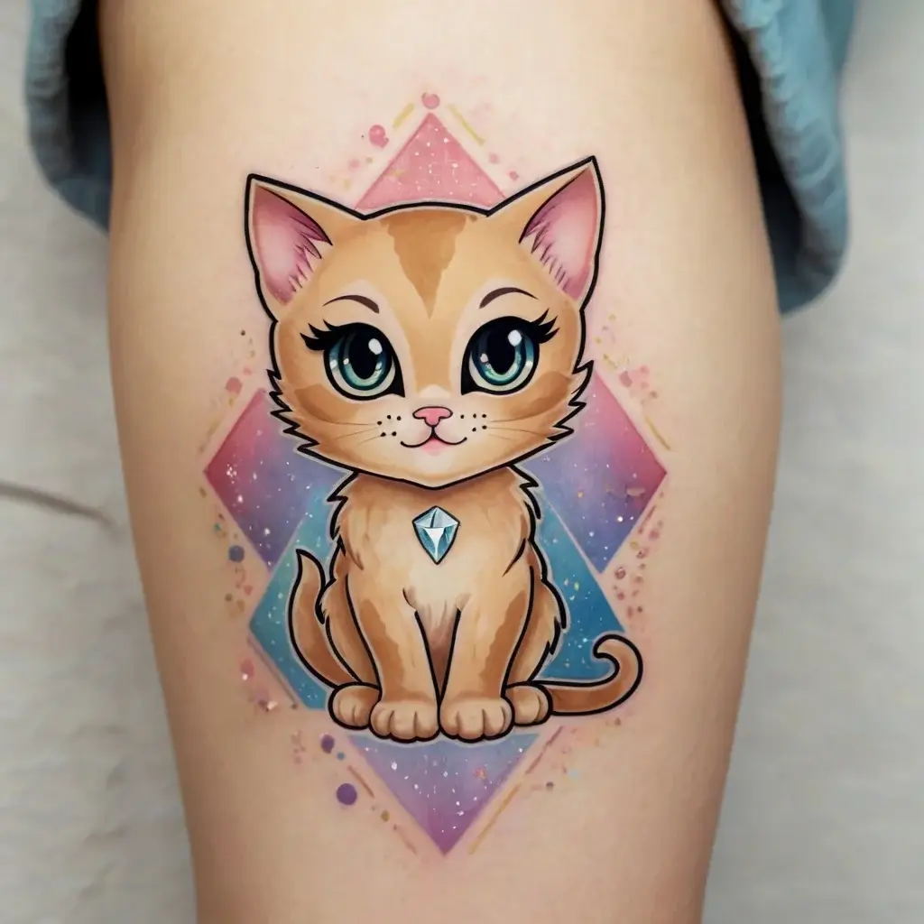 A cute cartoon cat tattoo with bright eyes, a diamond pendant, set against a colorful cosmic geometric backdrop.