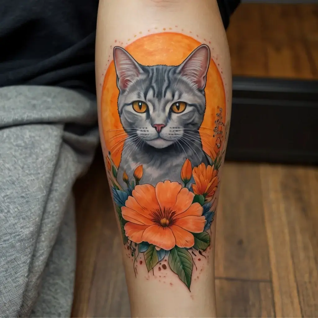 A realistic cat portrait framed by vivid orange flowers and a circular orange backdrop, creating a vibrant, lifelike design.