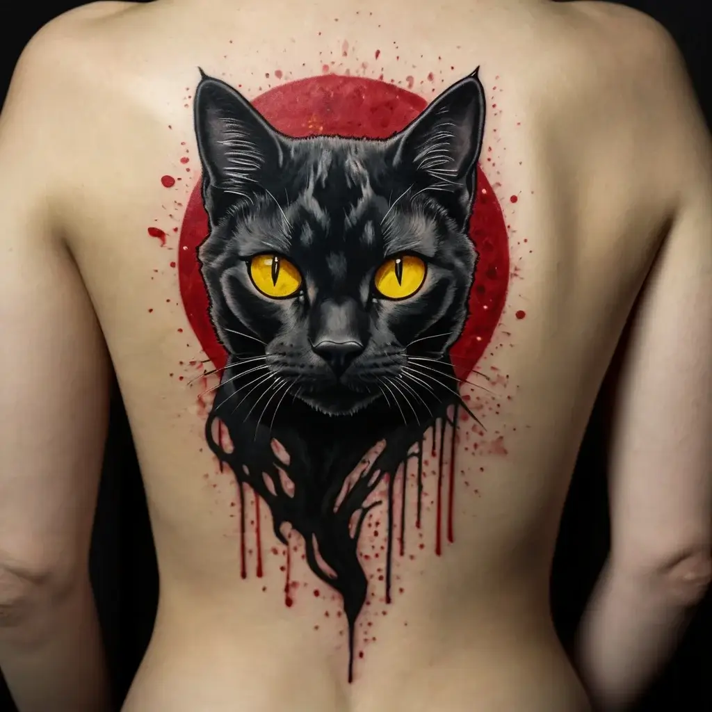 Tattoo of a black cat with vivid yellow eyes, set against a bold red circle with dynamic paint splatters and drips.