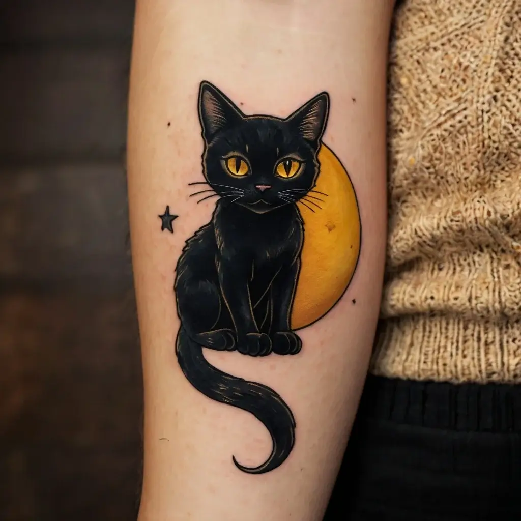 Tattoo of a black cat with vibrant yellow eyes sits in front of an orange crescent moon, accompanied by a small star.