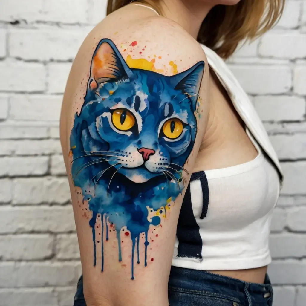 Watercolor-style tattoo of a blue cat with vibrant orange eyes, featuring drips and splashes on the upper arm.