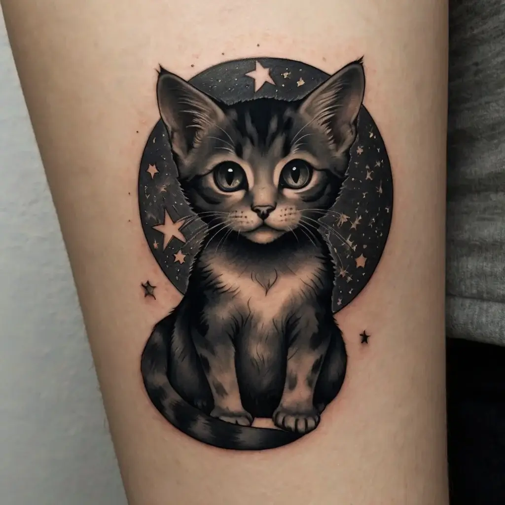 A realistic kitten tattoo framed by a starry night sky, blending soft shading and fine linework for a mystical effect.