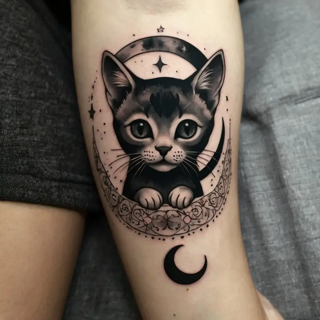 A wide-eyed cat surrounded by a crescent moon and ornate patterns, with stars accenting the design, symbolizes mystery.