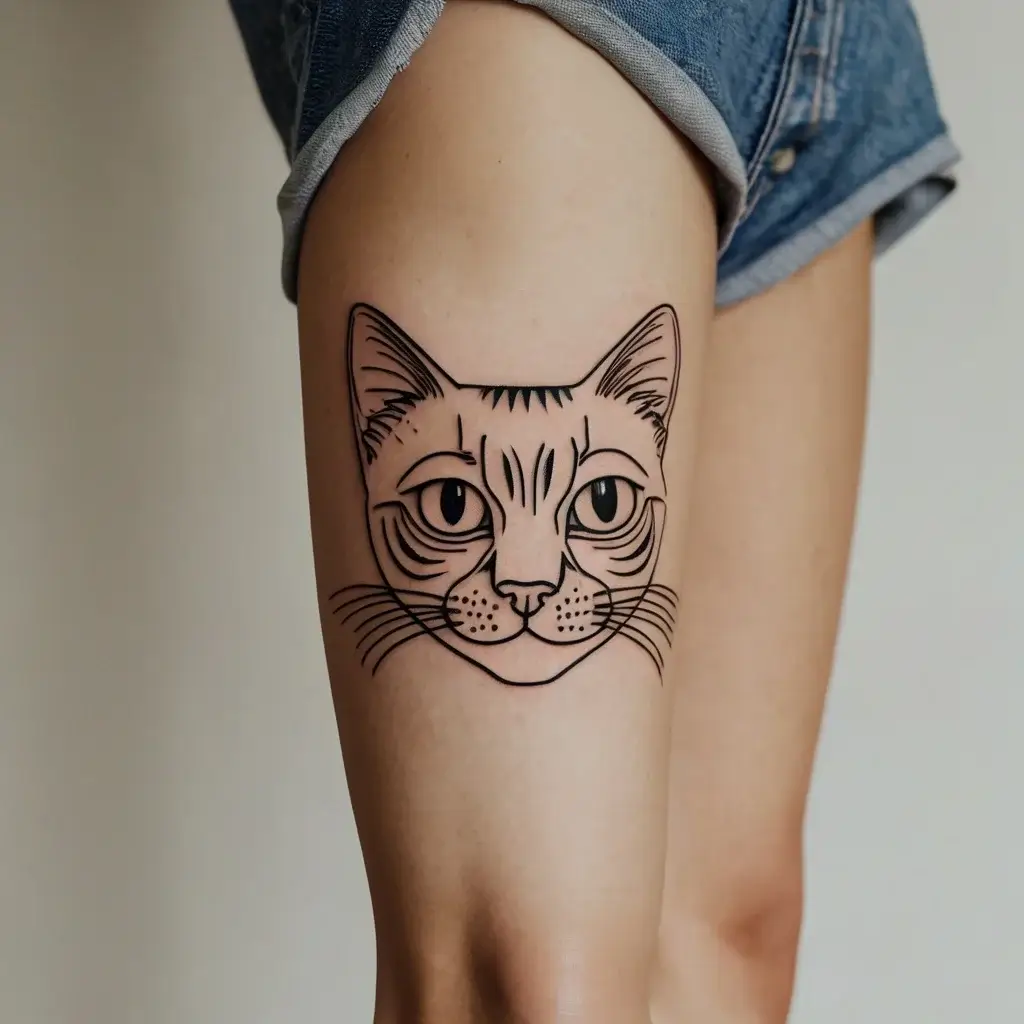 Line art tattoo of a cat face on a thigh, showcasing bold outlines and minimal shading for a clean, modern look.