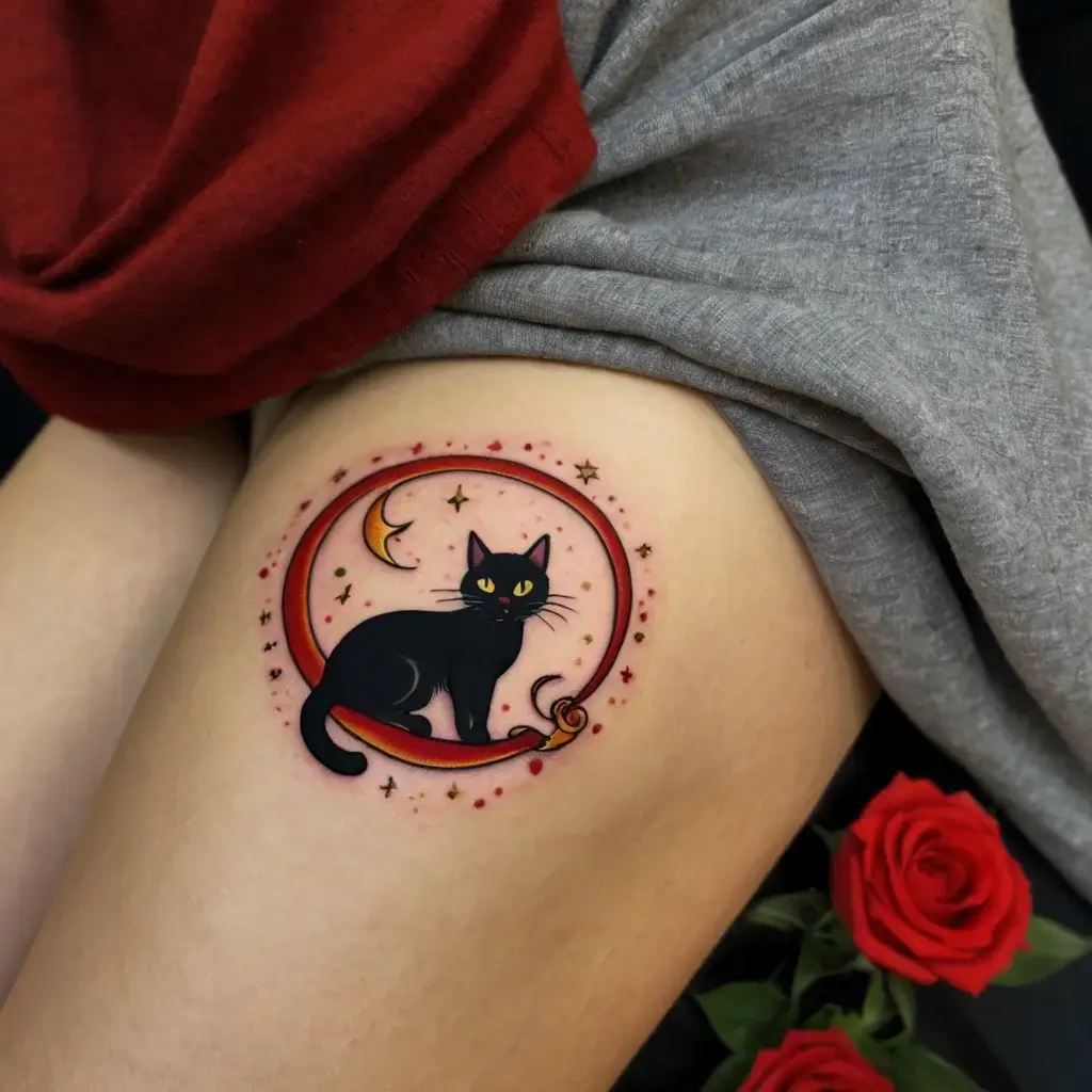 Tattoo of a black cat sitting in a red crescent with a moon and stars, featuring vibrant colors and bold outlines.