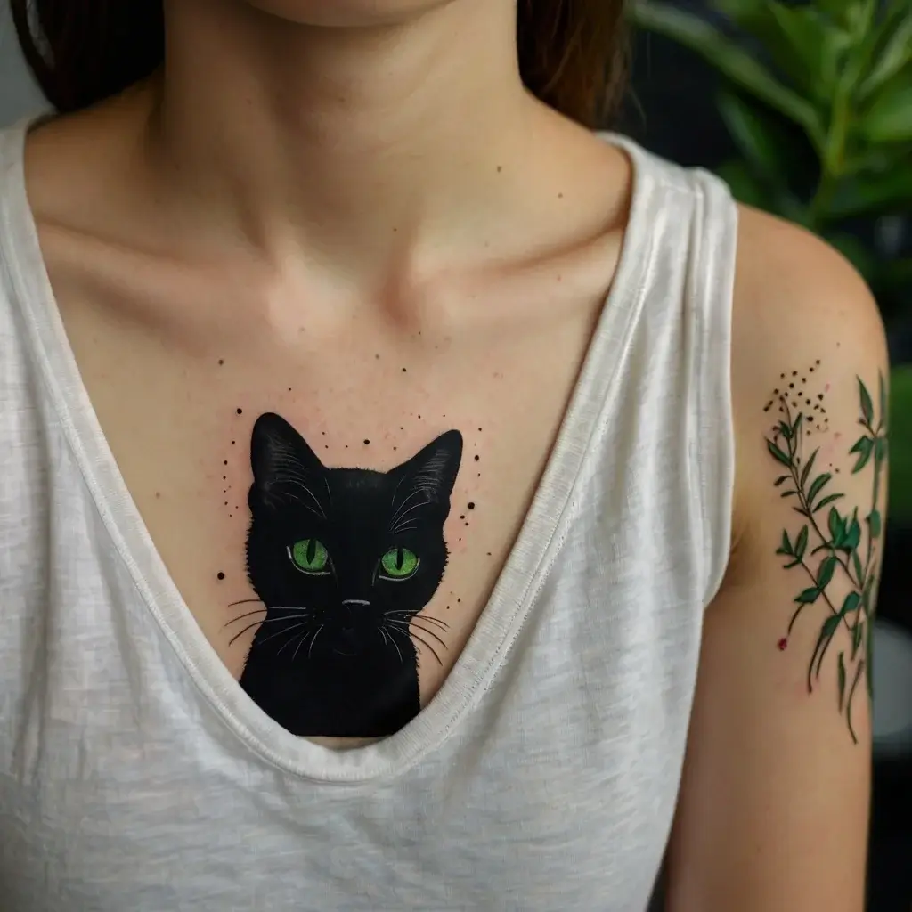 Chest tattoo of a black cat with vibrant green eyes. Arm features green leafy vine with delicate blossoms.