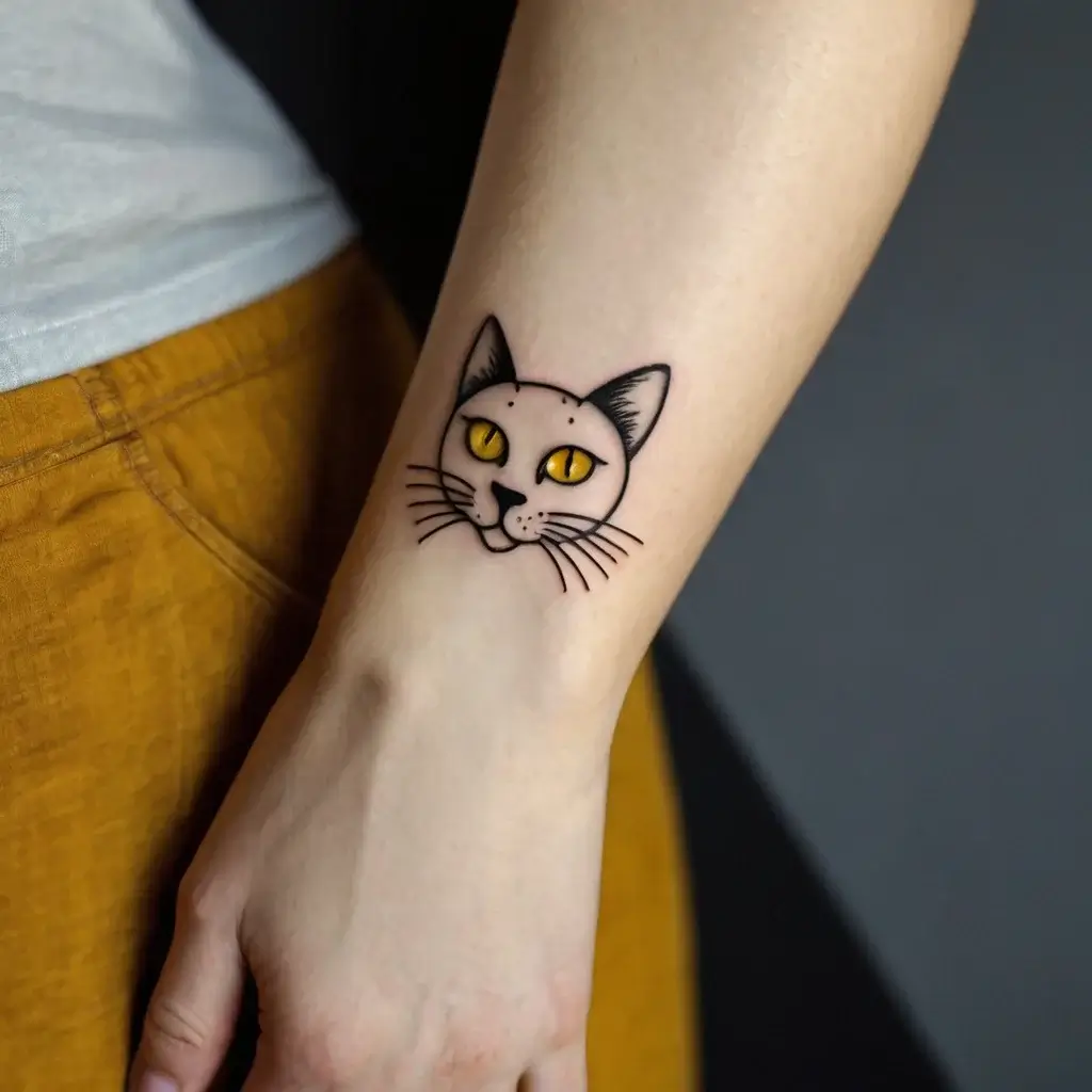 Stylized cat face tattoo with bold outlines and striking yellow eyes on the forearm, capturing feline elegance.