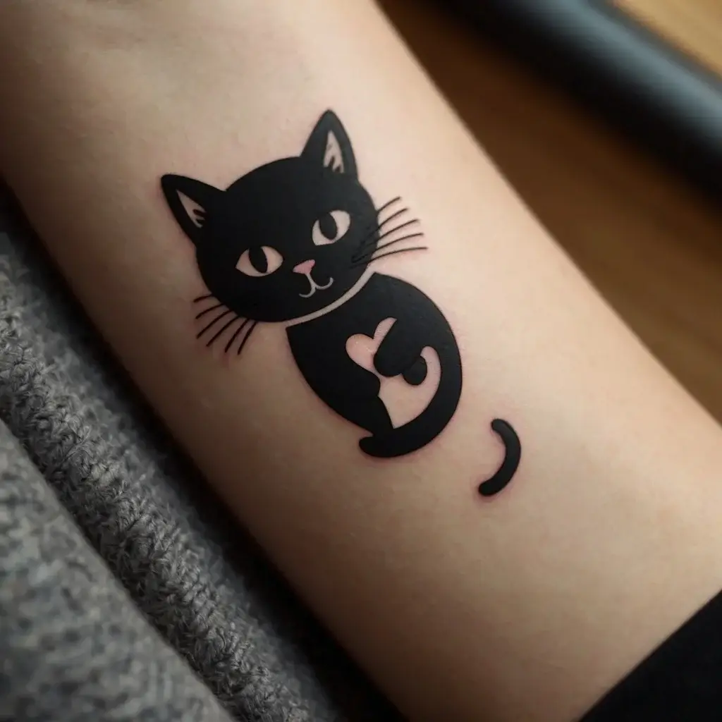 Bold black cat silhouette tattoo with a heart-shaped cutout on its belly, detailed whiskers, and a separated tail.