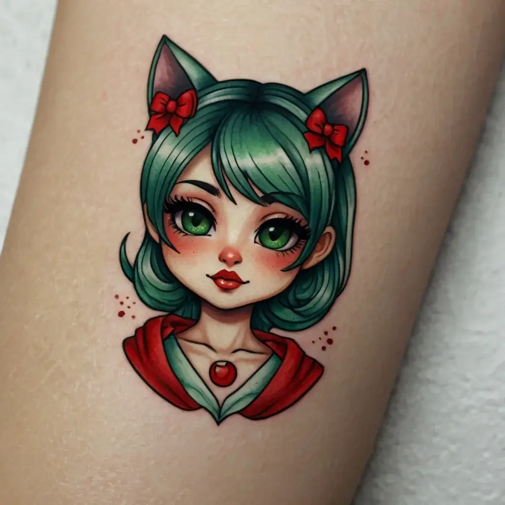 Colorful tattoo of a girl with cat ears, green hair, red bows, and bright eyes, creating a vibrant anime-inspired design.