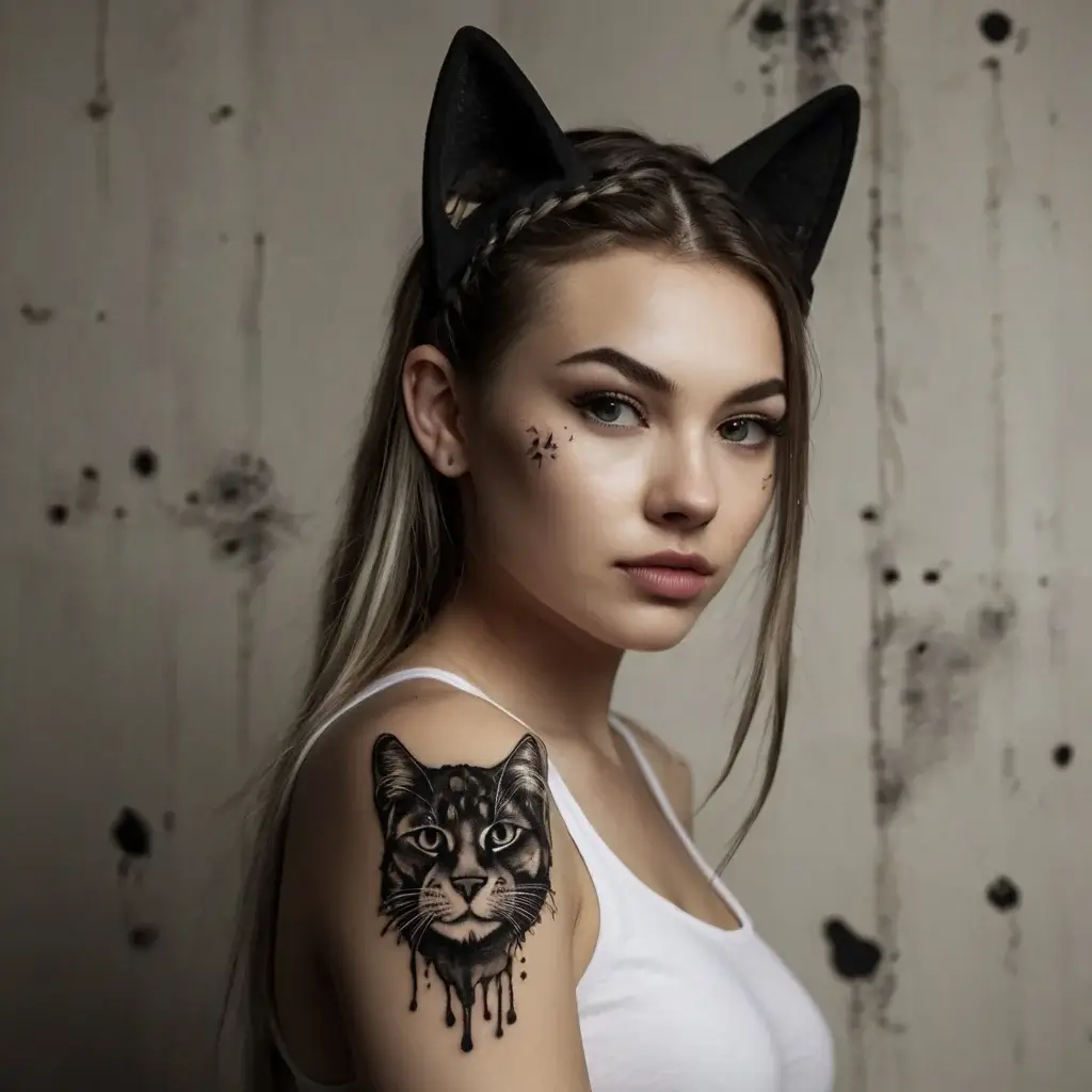 A realistic cat tattoo with dripping ink effect on the shoulder, alongside small black star tattoos on the cheek.