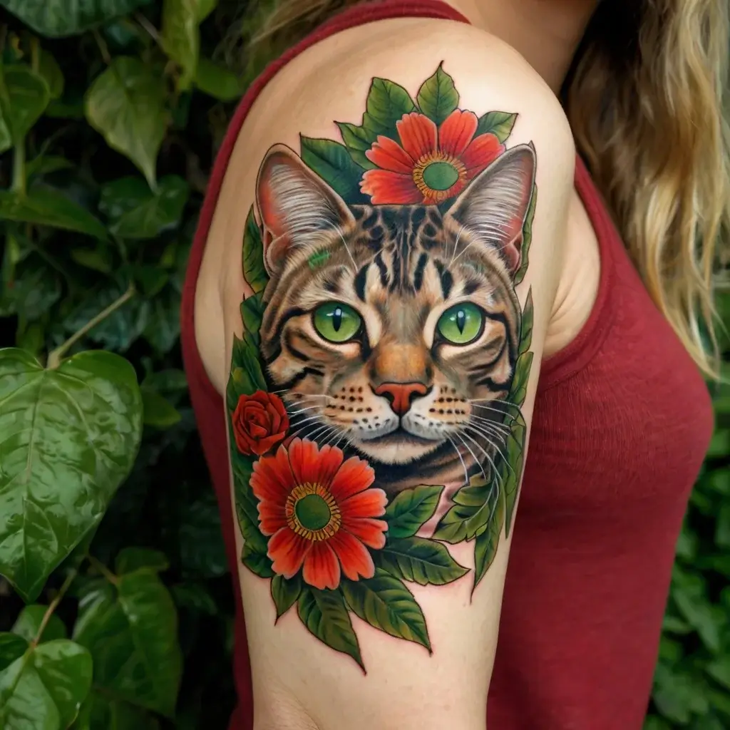 Hyper-realistic cat portrait tattoo with striking green eyes, surrounded by vibrant orange flowers and lush green leaves.