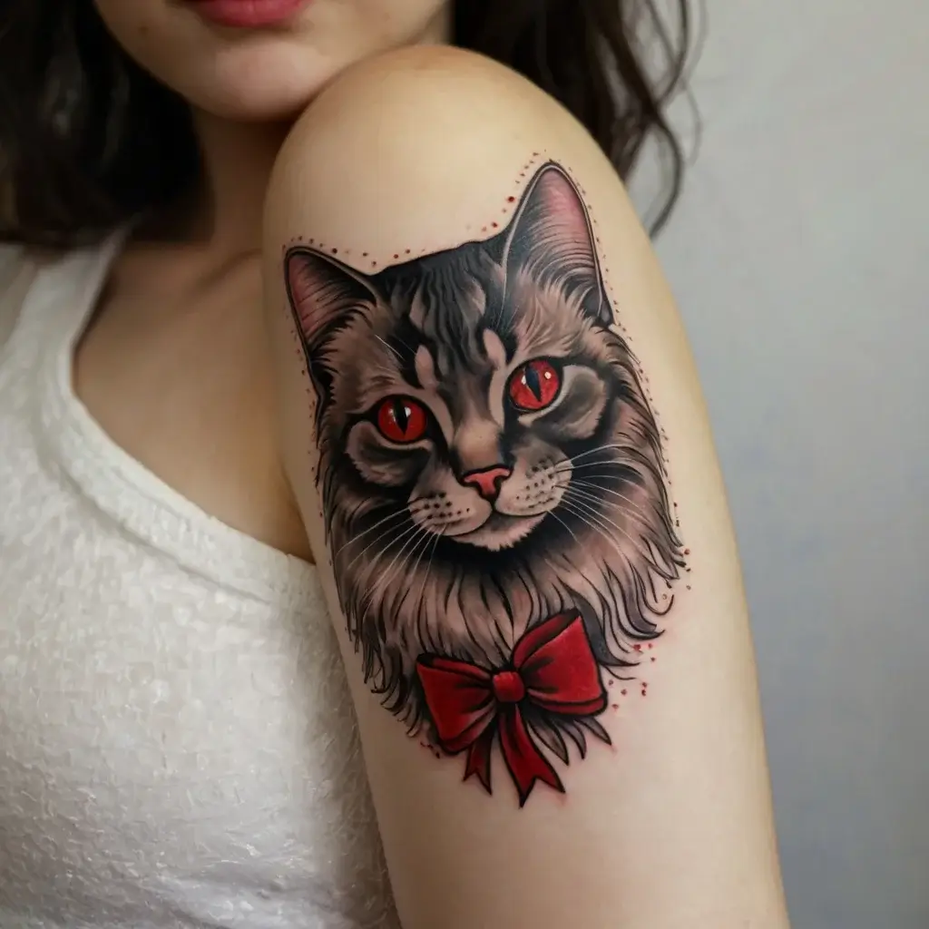 Realistic cat tattoo with vibrant red eyes and a matching bow on the shoulder, capturing intense detail and life.