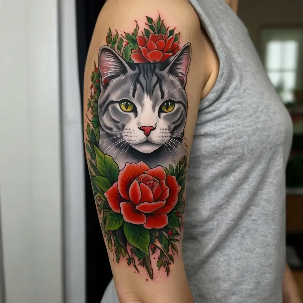 Tattoo of a realistic gray cat with green eyes surrounded by vibrant red roses and green leaves on an upper arm.