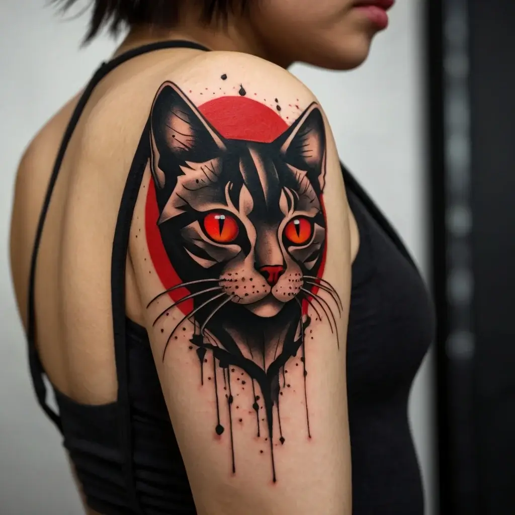 Tattoo of a cat with vivid red eyes on upper arm, framed by a bold red circle, featuring dynamic black ink splashes.