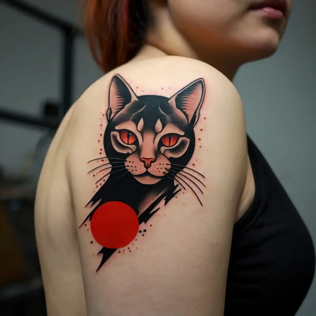 Tattoo of a black cat with vivid red eyes and a bold red circle, blending realism with geometric elements on the shoulder.