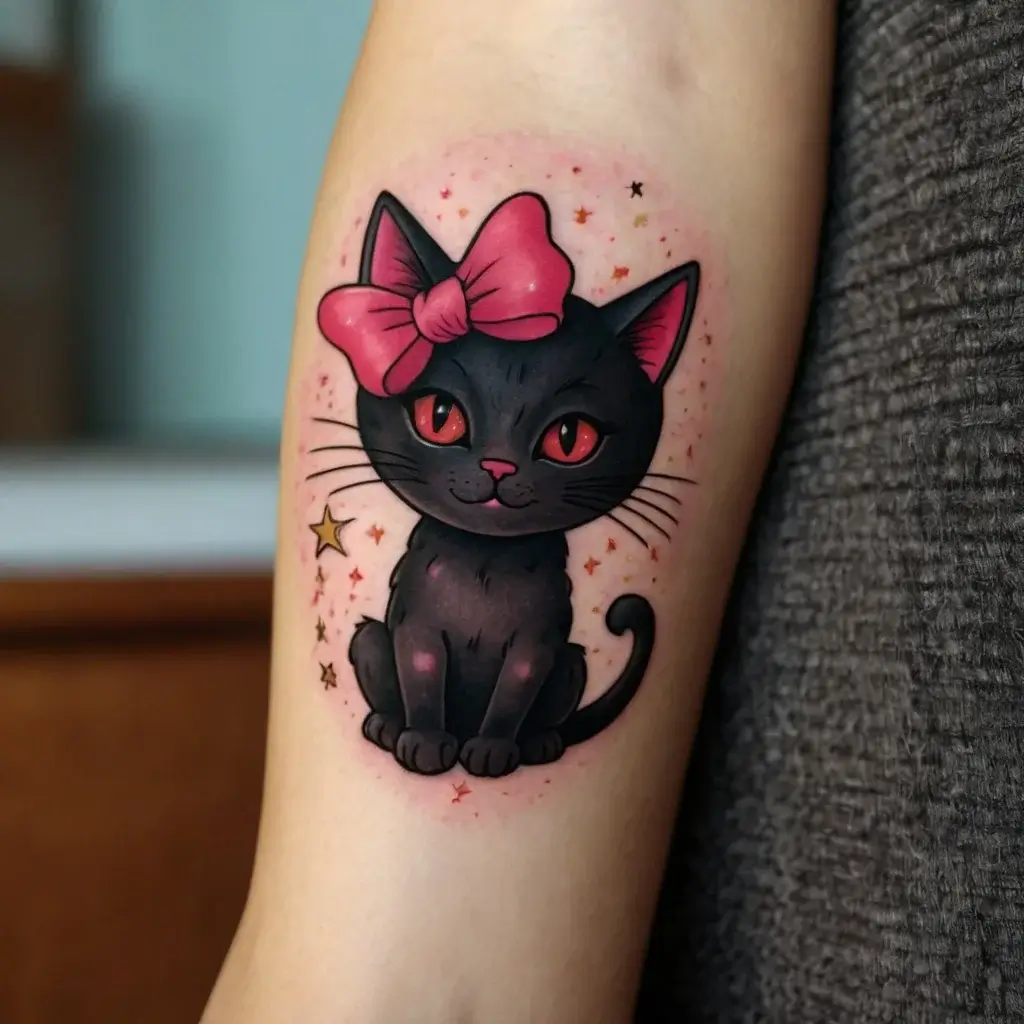 Tattoo of a cute black cat with red eyes and a pink bow, surrounded by small stars, in a colorful, playful style.