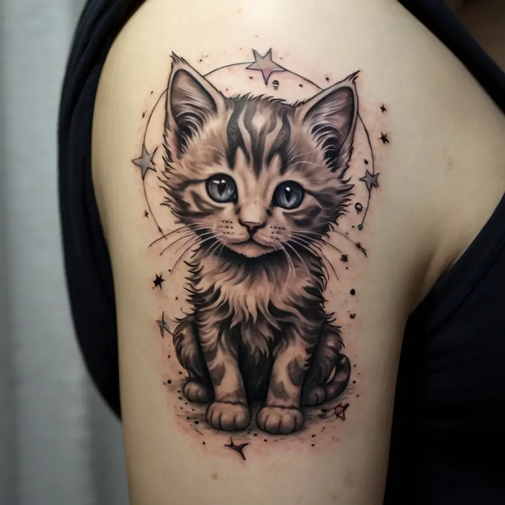 Realistic kitten tattoo with large eyes, surrounded by stars and subtle shading, creating a celestial ambiance.