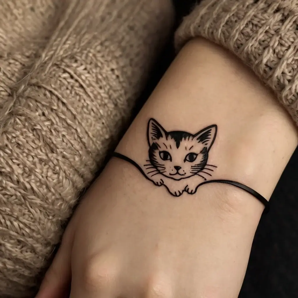 Tattoo features a cute cat peeking, with bold black outlines, positioned on the wrist, creating a bracelet effect.